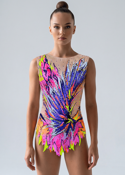 Maillot de gimnasia rítmica con base translúcida y explosión neon en rosa, morado y azul con pedrería brillante.
Maillot rítmico translúcido con degradados neón rosa, morado y amarillo, detalles de pedrería y diseño abstracto frontal dinámico.
Maillot rítmico translúcido con continuidad de diseño abstracto neón multicolor y pedrería dispersa creando efecto vibrante en la espalda.