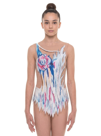 Front view of Kahlo with a large pink and blue flower, colourful strokes and a pointed white-and-blue hem.