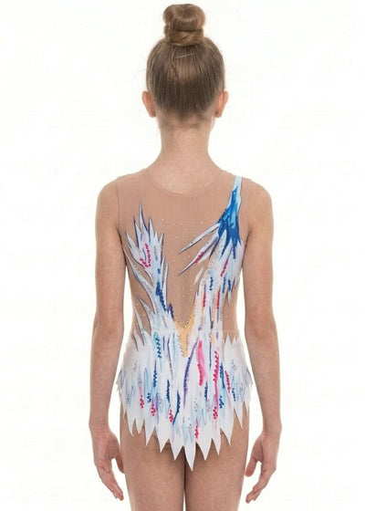 Back of Kahlo with blue and pink strokes over white and pale blue, skin-tone sections and a pointed hem.
