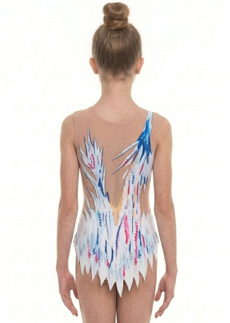 Back of Kahlo with blue and pink strokes over white and pale blue, skin-tone sections and a pointed hem.