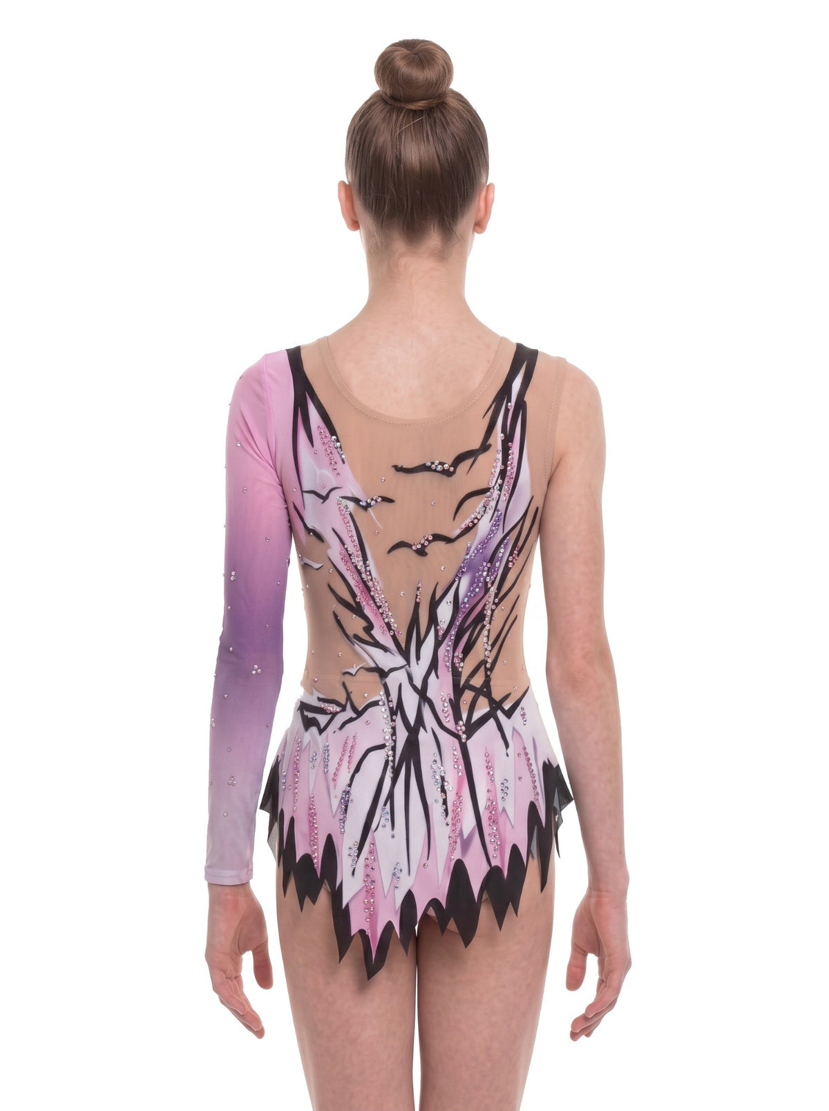 Back of Sorolla with a skin-tone upper section and an uneven black-and-pink hem.