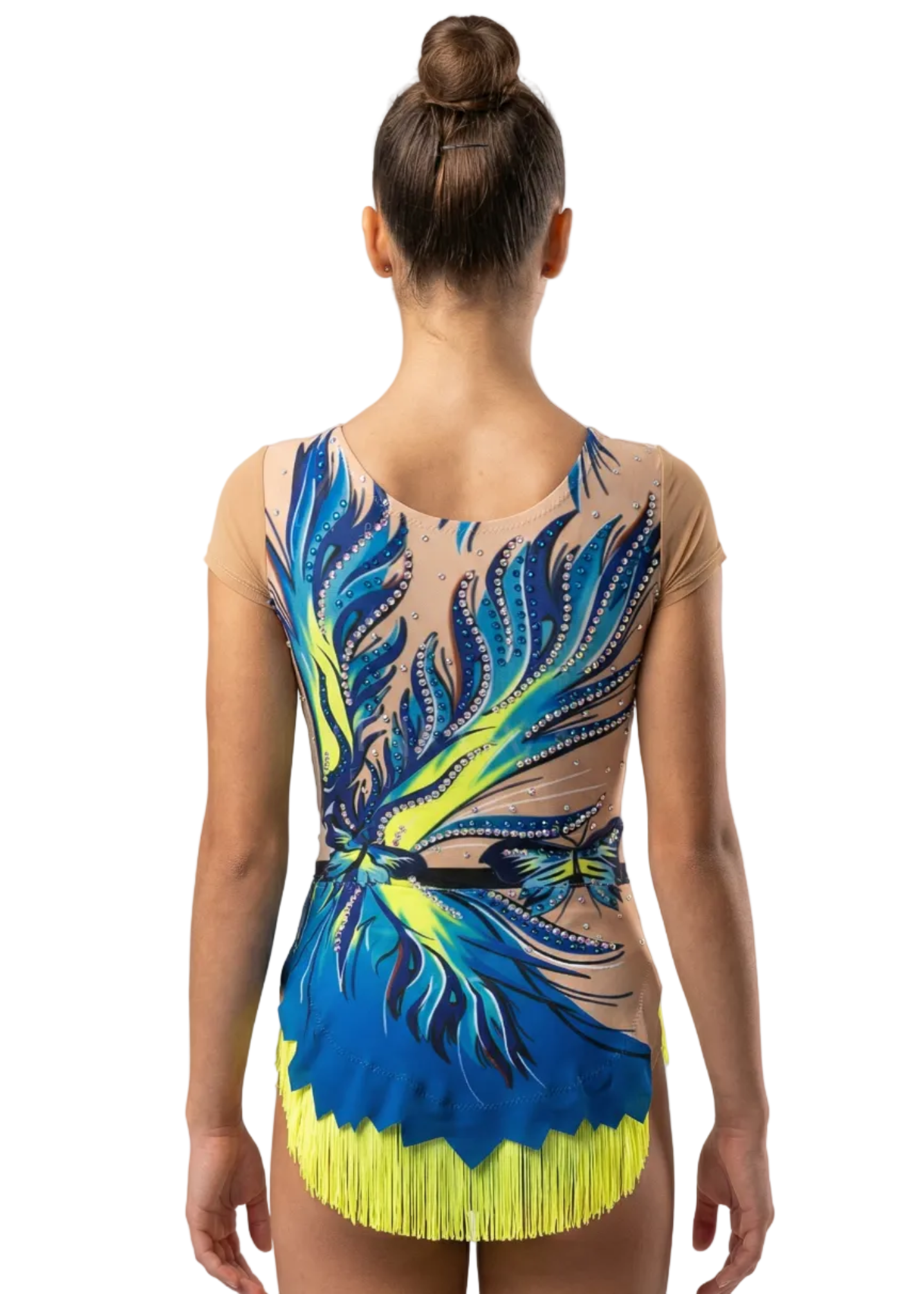 Maillot de gimnasia rítmica en tonos azules y verdes con pedrería, degradados y mariposas formando un diseño fluido en la espalda.

Maillot de gimnasia rítmica color claro con azules intensos, detalles verdes, pedrería y motivos curvos que crean un estilo dinámico en la espalda.

Maillot de gimnasia rítmica visto por la espalda con base clara, pedrería dispersa y patrones azules y verdes que aportan un efecto vibrante.