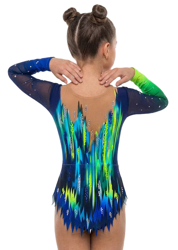 Justaucorps professionnel de gymnastique rythmique avec design dégradé aurore et jupe en pointes.