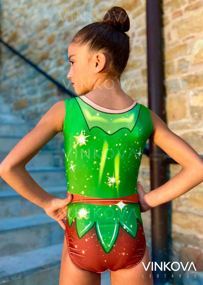Sleeveless rhythmic gymnastics leotard with points at the waist and fairy dust details for training.