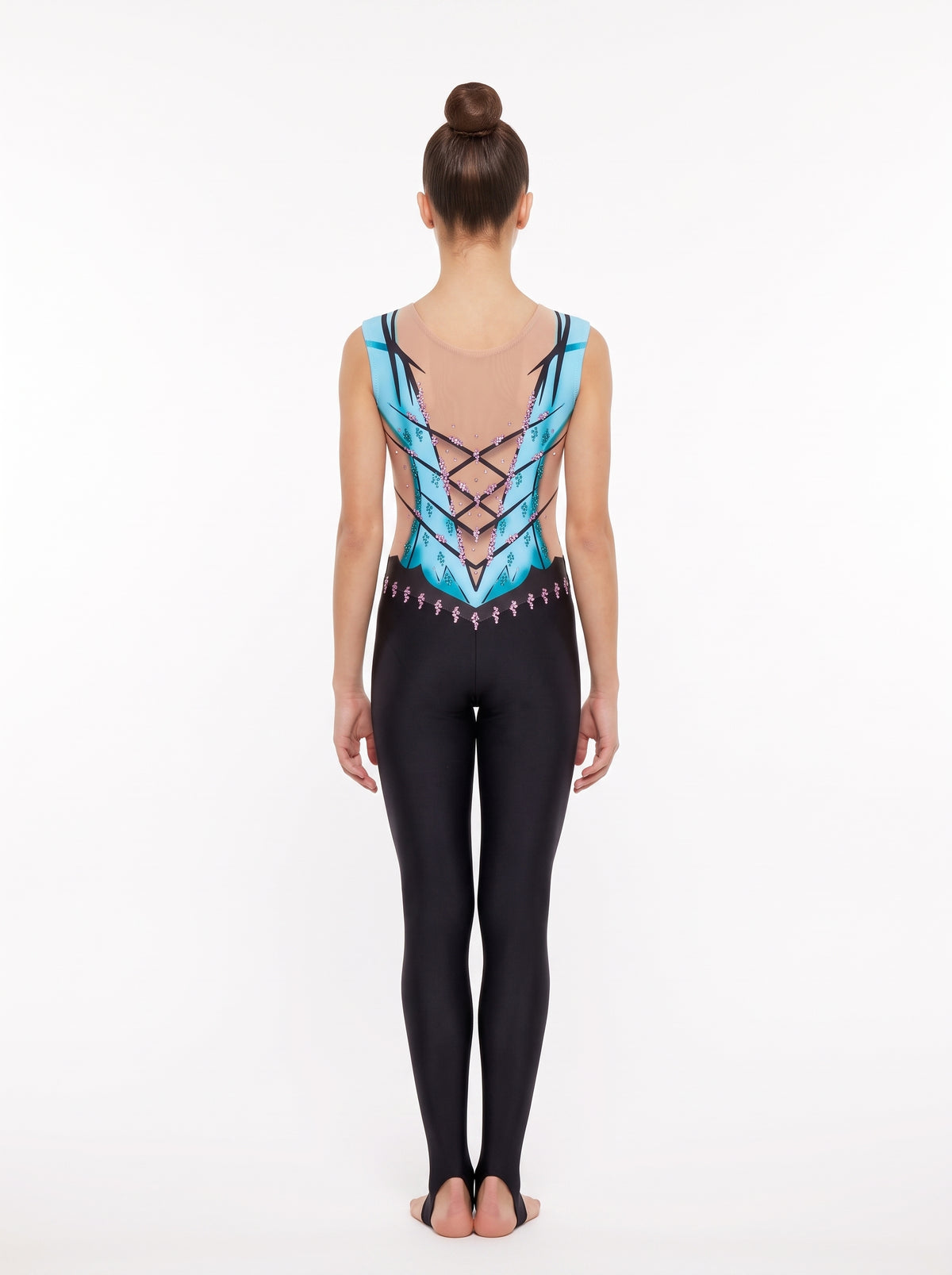 Back of the Calipso rhythmic gymnastics unitard: crossed black strips over skin tone between turquoise panels, and long legs with stirrups.