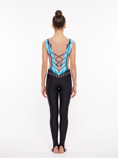 Back of the Calipso rhythmic gymnastics unitard: crossed black strips over skin tone between turquoise panels, and long legs with stirrups.