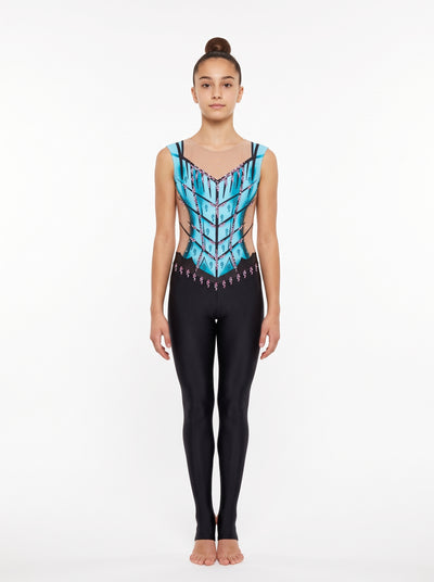 Calipso rhythmic gymnastics unitard, front view: turquoise with a herringbone of black lines, sleeveless, with long black legs.