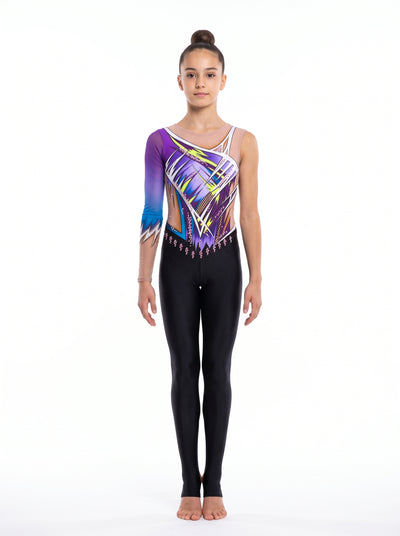 Dalia rhythmic gymnastics unitard, front view: purple panels with neon yellow rays, one long gradient sleeve and long black legs.