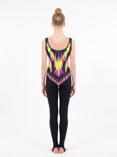 Back of the Danna rhythmic gymnastics unitard: neon yellow and fuchsia flames, skin-tone neckline and long legs with stirrups.