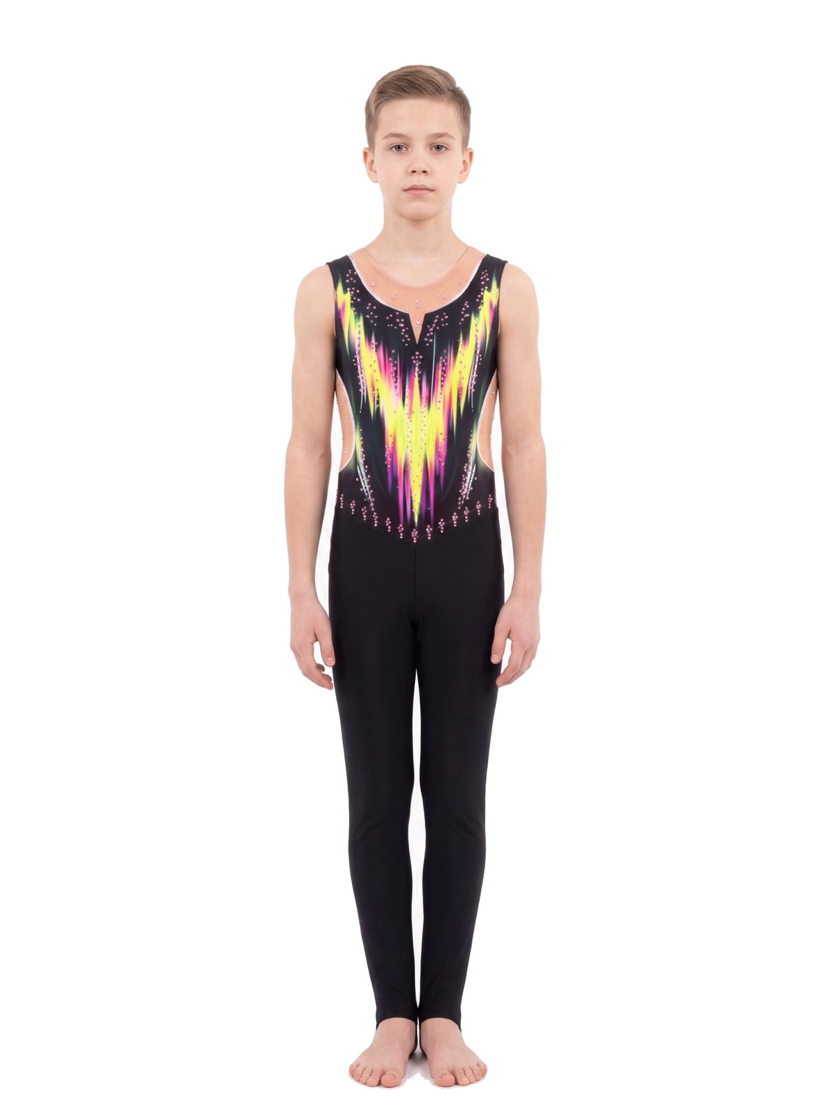 Danna rhythmic gymnastics unitard, front view: neon yellow and fuchsia flames on black, sleeveless, with long black legs.