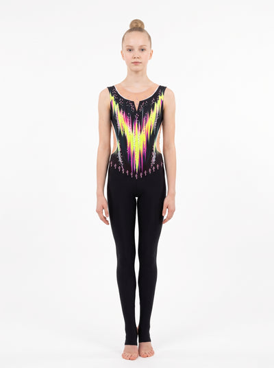 Danna rhythmic gymnastics unitard, front view: neon yellow and fuchsia flames on black, sleeveless, with long black legs.