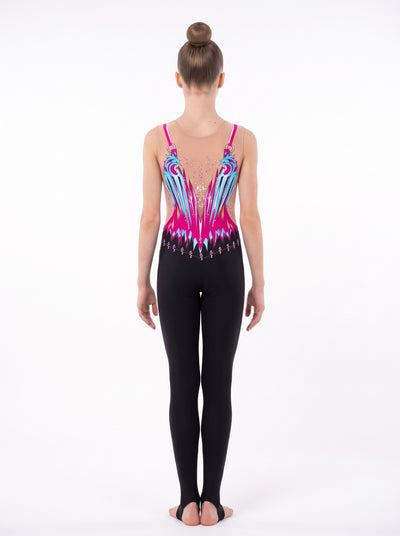 Back of the Florence rhythmic gymnastics unitard: fuchsia and sky-blue wing-shaped design over skin tone, and long legs with stirrups.