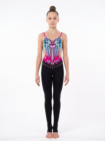 Florence rhythmic gymnastics unitard, front view: fuchsia and sky-blue stripes, fuchsia straps with rings, sleeveless, with long black legs.