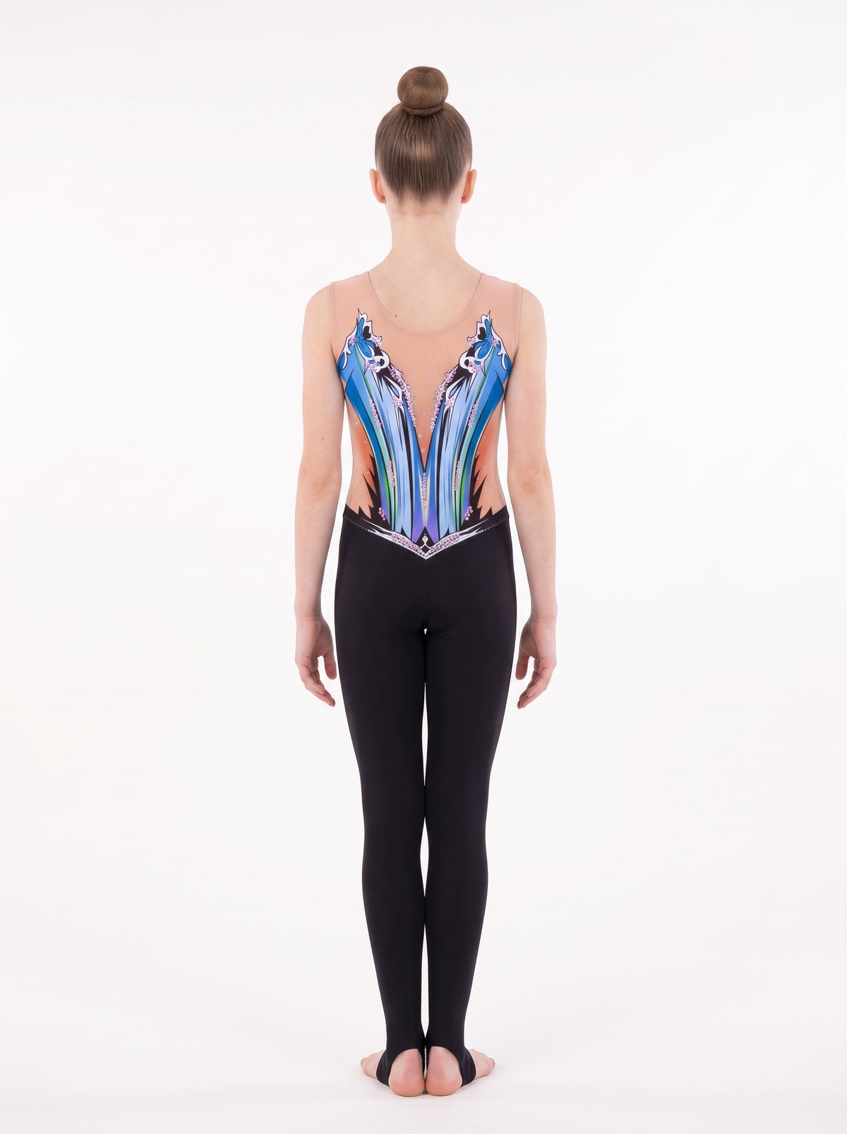 Back of the Frees rhythmic gymnastics unitard: open skin-tone back with blue cascades at the sides, and long legs with stirrups.