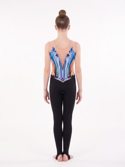 Back of the Frees rhythmic gymnastics unitard: open skin-tone back with blue cascades at the sides, and long legs with stirrups.