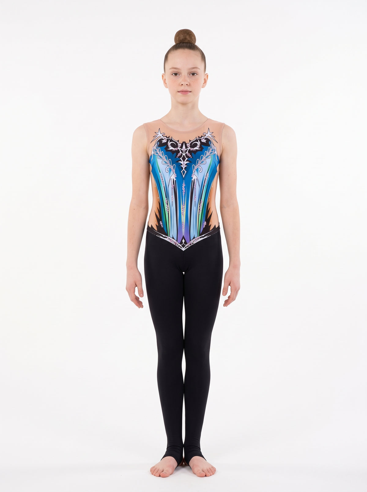 Frees rhythmic gymnastics unitard, front view: blue and green cascades with a black and white ornament, sleeveless, with long black legs.