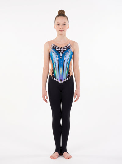 Frees rhythmic gymnastics unitard, front view: blue and green cascades with a black and white ornament, sleeveless, with long black legs.