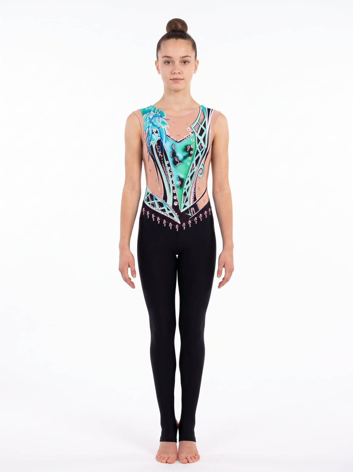Green Forest rhythmic gymnastics unitard, front view: green, mint and aquamarine over skin tone, sleeveless, with long black legs.