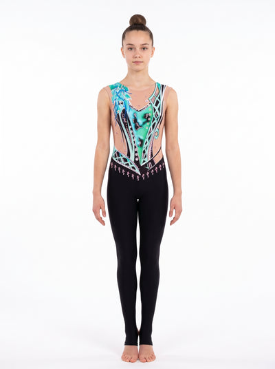 Green Forest rhythmic gymnastics unitard, front view: green, mint and aquamarine over skin tone, sleeveless, with long black legs.