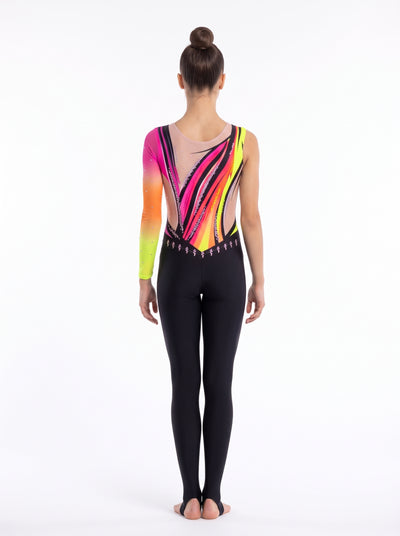 Back of the Lalo rhythmic gymnastics unitard: fuchsia and neon yellow diagonal stripes, skin-tone neckline and long legs with stirrups.