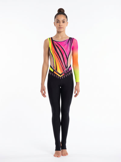 Lalo rhythmic gymnastics unitard, front view: fuchsia, orange and neon yellow stripes, one long gradient sleeve and long black legs.