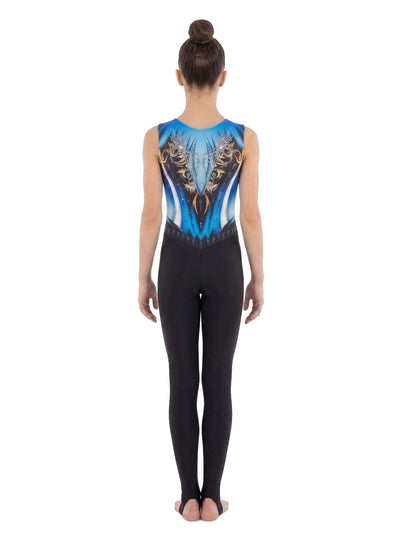 Dos de la combinaison de gymnastique rythmique Los Ángeles : motif noir et doré avec strass sur fond bleu, jambes longues noires à sous-pieds.