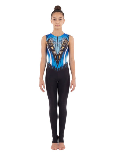 Combinaison de gymnastique rythmique Los Ángeles de face : buste sans manches bleu avec motif noir et doré et strass, jambes longues noires.
