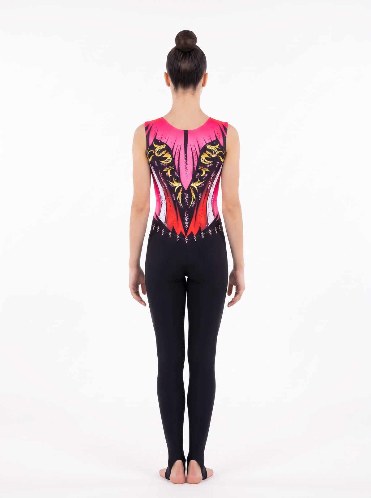 Back of the New York rhythmic gymnastics unitard: fuchsia and coral with gold scrolls, no skin tone, and long legs with stirrups.
