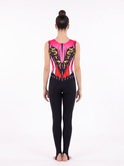 Back of the New York rhythmic gymnastics unitard: fuchsia and coral with gold scrolls, no skin tone, and long legs with stirrups.