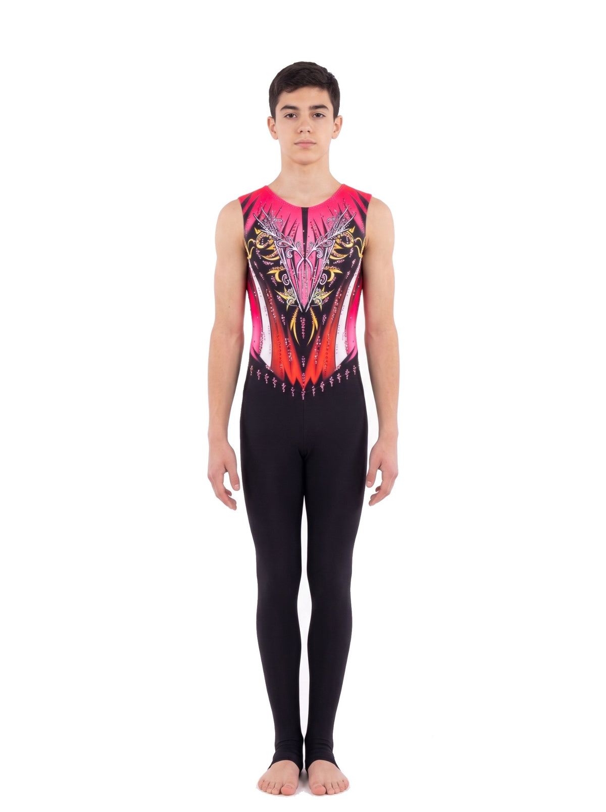 Buzo de gimnasia rítmica New York de frente: fucsia, coral y negro con filigrana plateada y volutas doradas, sin mangas y pierna larga negra con trabilla.