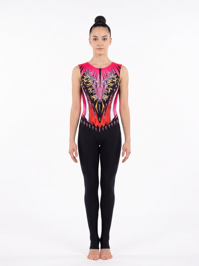 New York rhythmic gymnastics unitard, front view: fuchsia, coral and black with silver and gold filigree, sleeveless, with long black legs.