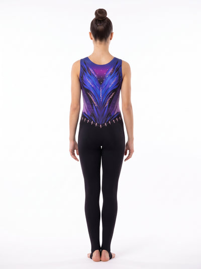 Back of the San Antonio rhythmic gymnastics unitard: purple and blue feathers in a V on a purple background, with long black legs.