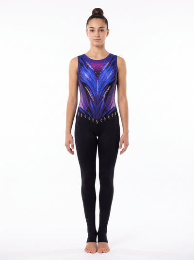 San Antonio rhythmic gymnastics unitard, front view: purple and blue feathers in a V, sleeveless, with long black legs.