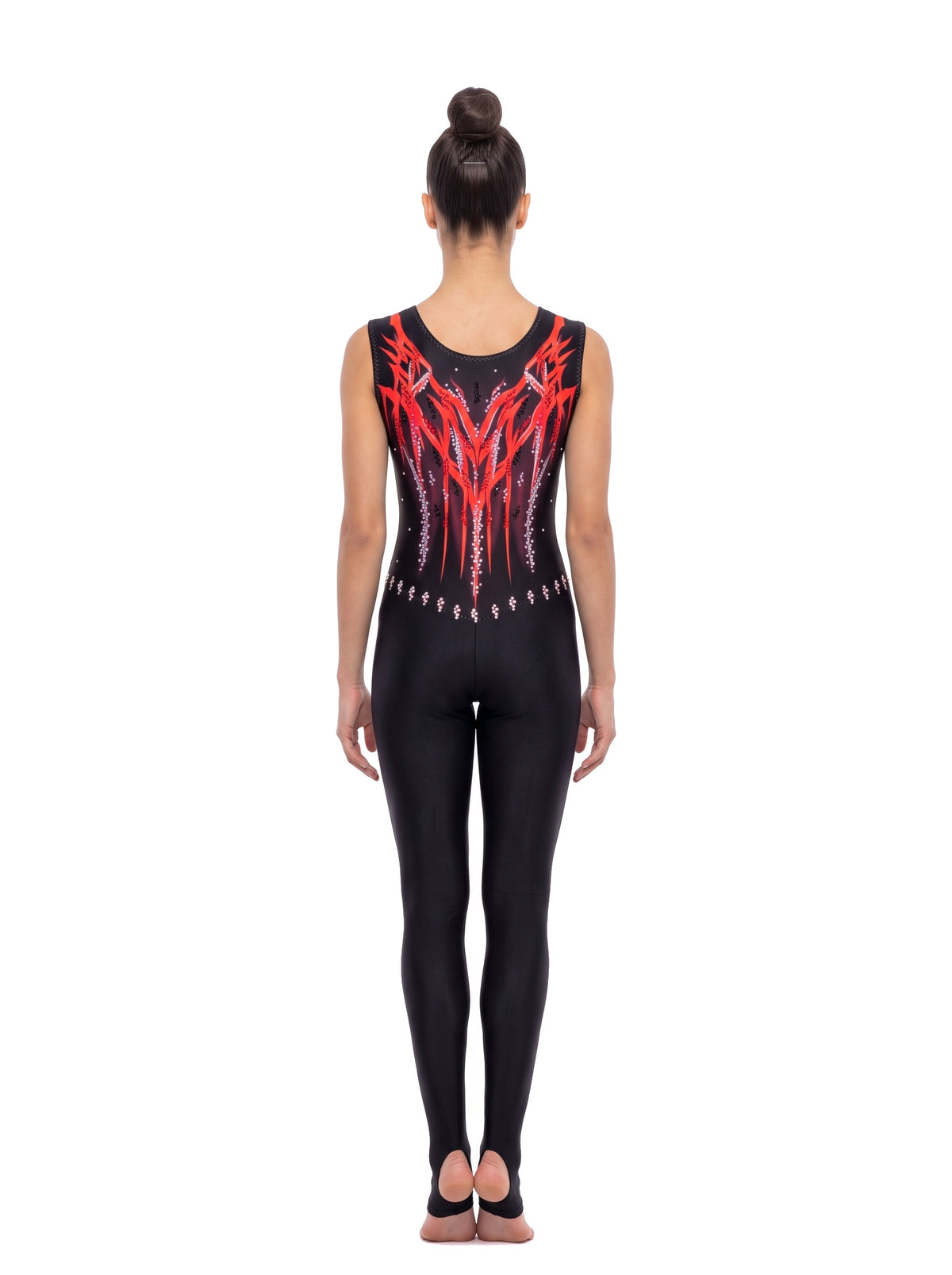 Seattle unitard, back view: black with a red and orange flame design, round neckline and long legs.