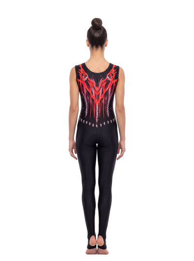 Seattle unitard, back view: black with a red and orange flame design, round neckline and long legs.