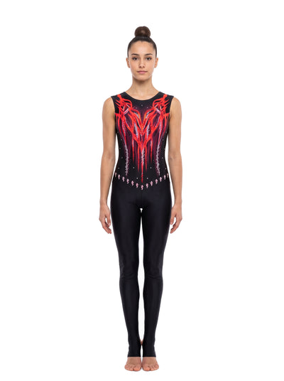 Seattle rhythmic gymnastics unitard, front view: black base, red and orange flames, sleeveless cut and long legs.