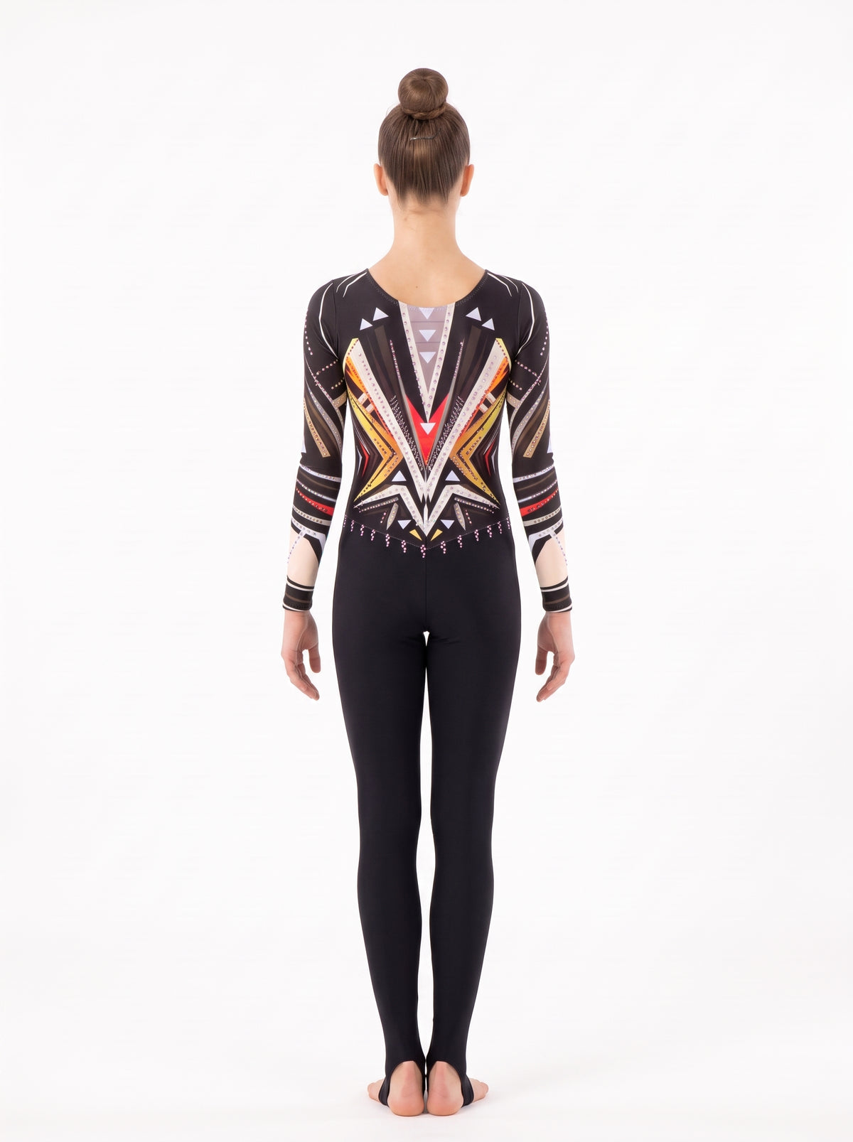 Back of the Survivor rhythmic gymnastics unitard: V-shaped geometric design with triangles, and long legs with stirrups.