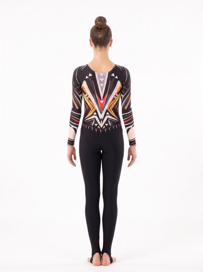 Back of the Survivor rhythmic gymnastics unitard: V-shaped geometric design with triangles, and long legs with stirrups.