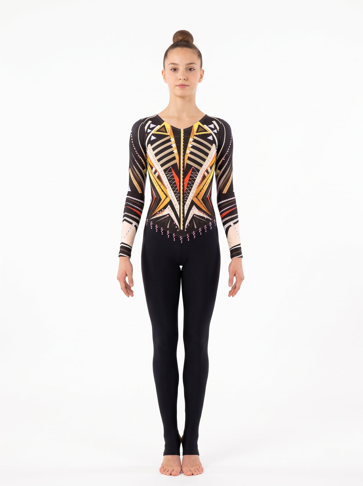 Survivor rhythmic gymnastics unitard, front view: gold, beige and red geometry on black, two long sleeves and long black legs.