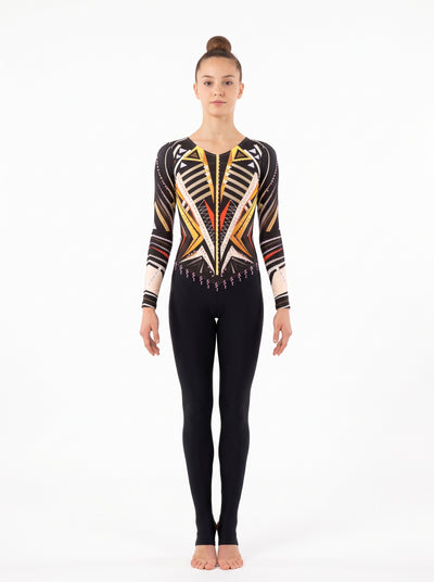 Survivor rhythmic gymnastics unitard, front view: gold, beige and red geometry on black, two long sleeves and long black legs.