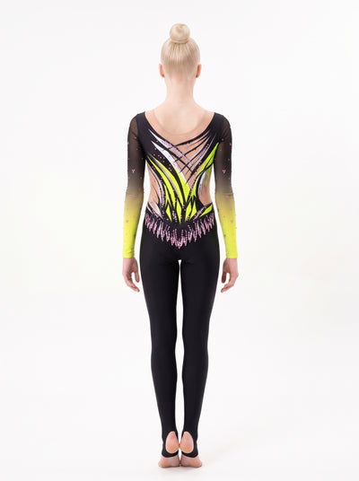 Back of the Taki rhythmic gymnastics unitard: angular yellow and black lattice, skin-tone areas and long legs with stirrups.