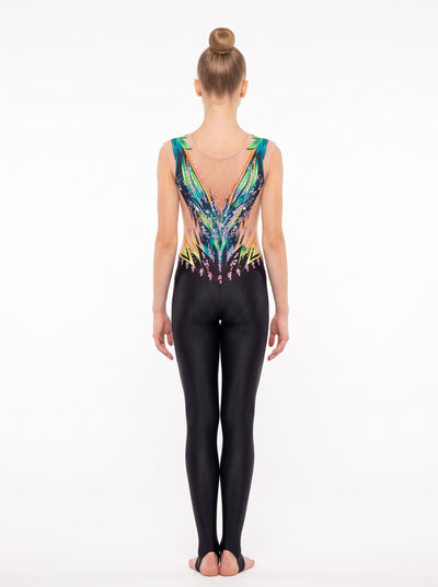 Back of the Zambia rhythmic gymnastics unitard: green leaves in a V over skin-tone fabric, and long legs with stirrups.