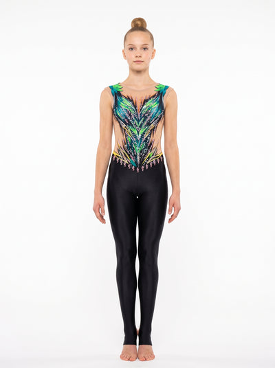 Zambia rhythmic gymnastics unitard, front view: green and deep-teal leaves over skin tone, sleeveless, with long black legs.