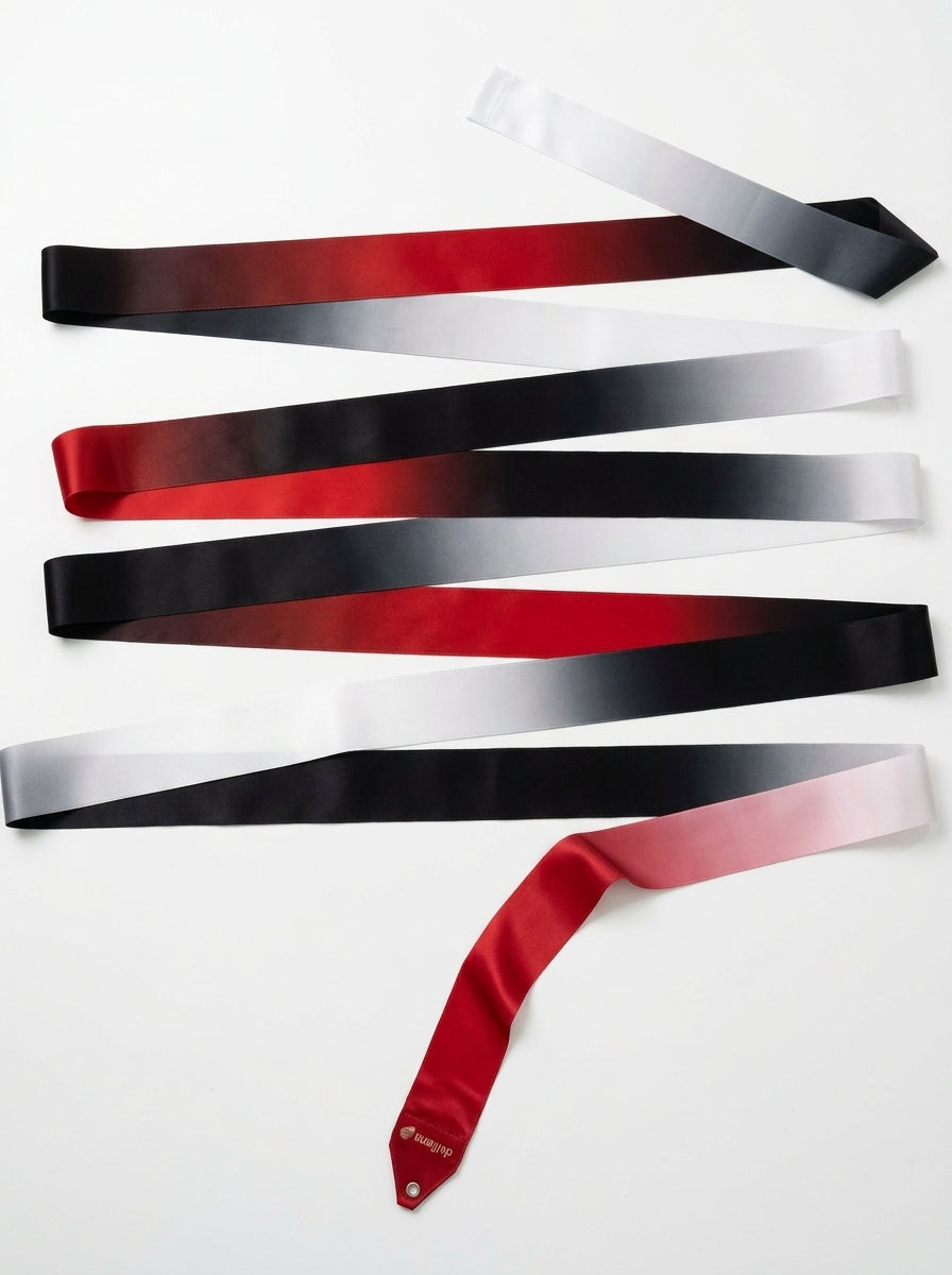 Cinta de gimnasia rítmica Black Ruby con degradado rojo, negro y blanco y ojal metálico