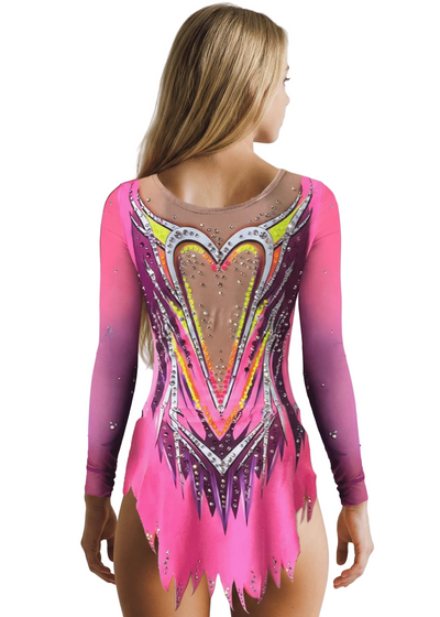 Back of a pink and fuchsia rhythmic leotard with gradients, shiny rhinestones, skin-tone mesh, and a central design in the shape of a stylized heart.
Back of a rhythmic gymnastics leotard in fuchsia and neon yellow with abundant rhinestones, soft gradients, and decorative descending lines.
Back of a pink and purple rhythmic leotard with skin-tone mesh, scattered rhinestones, and a vibrant-style cut-out skirt.