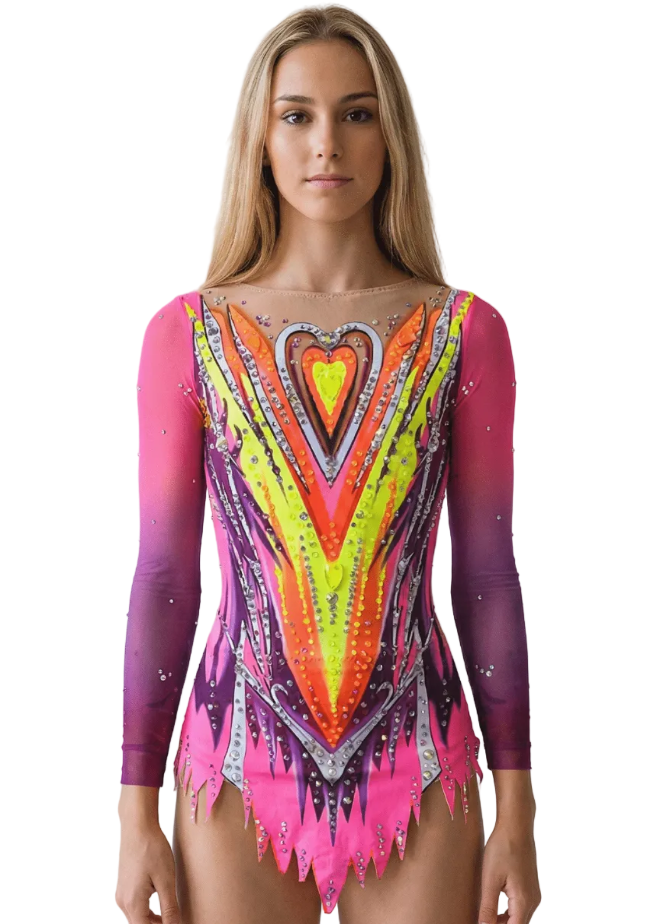 Maillot de gimnasia rítmica rosa, fucsia y neón con mangas largas, pedrería brillante, transparencias tono piel y diseño en V dinámico.
Maillot rítmico fucsia y amarillo neón con degradados, pedrería abundante, mangas largas y motivos centrales en forma de corazón estilizado.
Espalda de maillot rítmico rosa y neón con pedrería dispersa, transparencias tono piel y líneas descendentes de estilo vibrante.