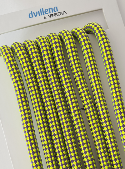 Dvillena & Vinkova bicolor neon yellow and violet rhythmic gymnastics rope with high-density knots.
