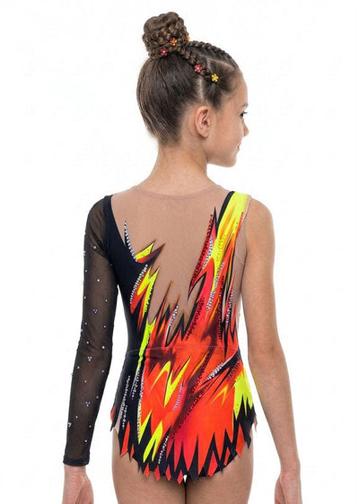 Red and black artistic rhythmic gymnastics leotard with rhinestones for exhibitions.