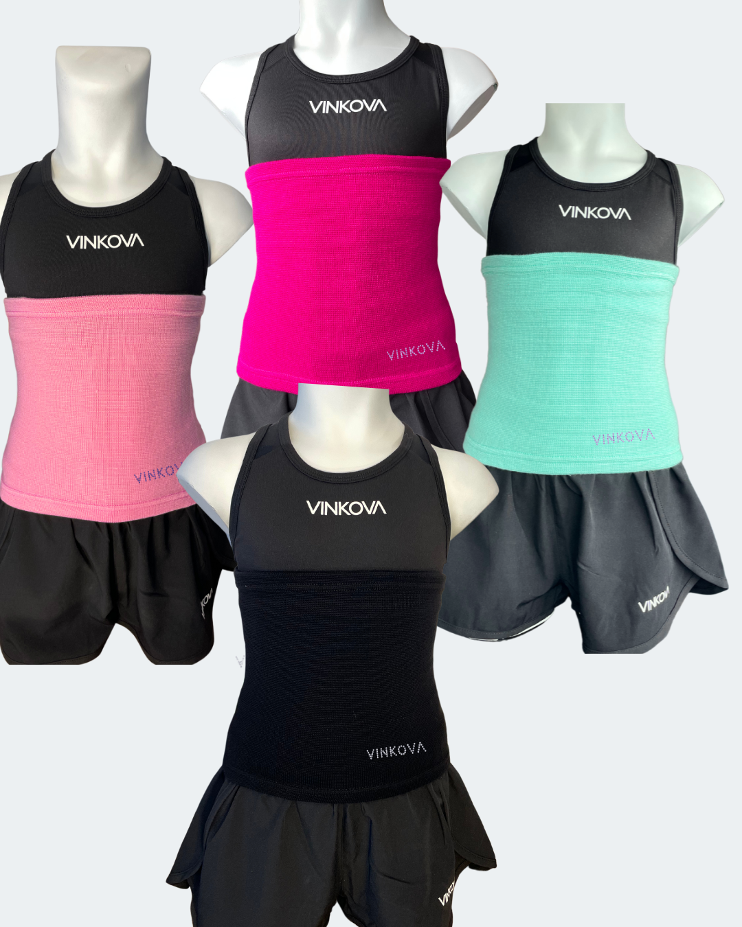 Fajas de gimnasia rítmica Vinkova en rosa, negro, buganvilla y turquesa, mostradas en maniquíes.