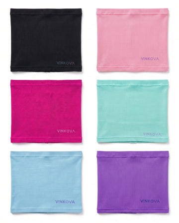 Fajas de gimnasia rítmica Vinkova en seis colores: negro, rosa, buganvilla, turquesa, celeste y morado, con el logo VINKOVA de puntos
